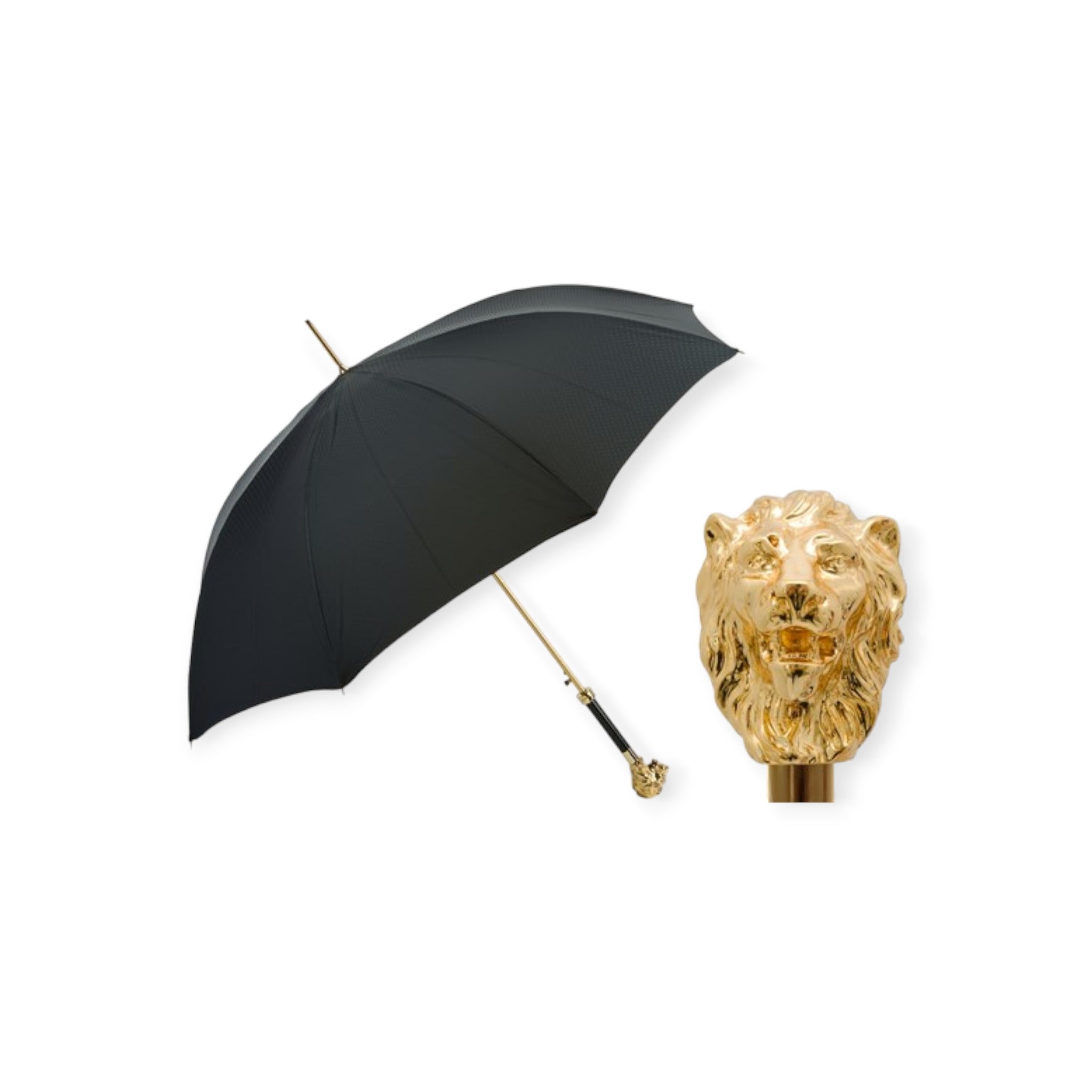 Opened Pasotti Lion umbrella on an angle with close up of lion handle