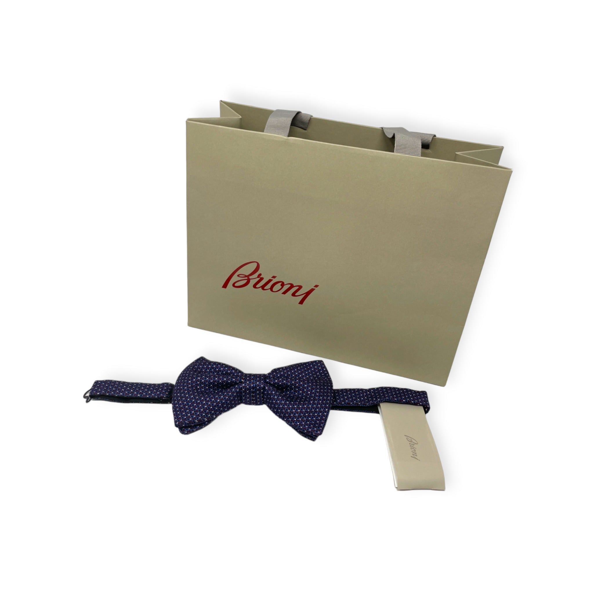 Side view of Brioni bow-tie with gift bag