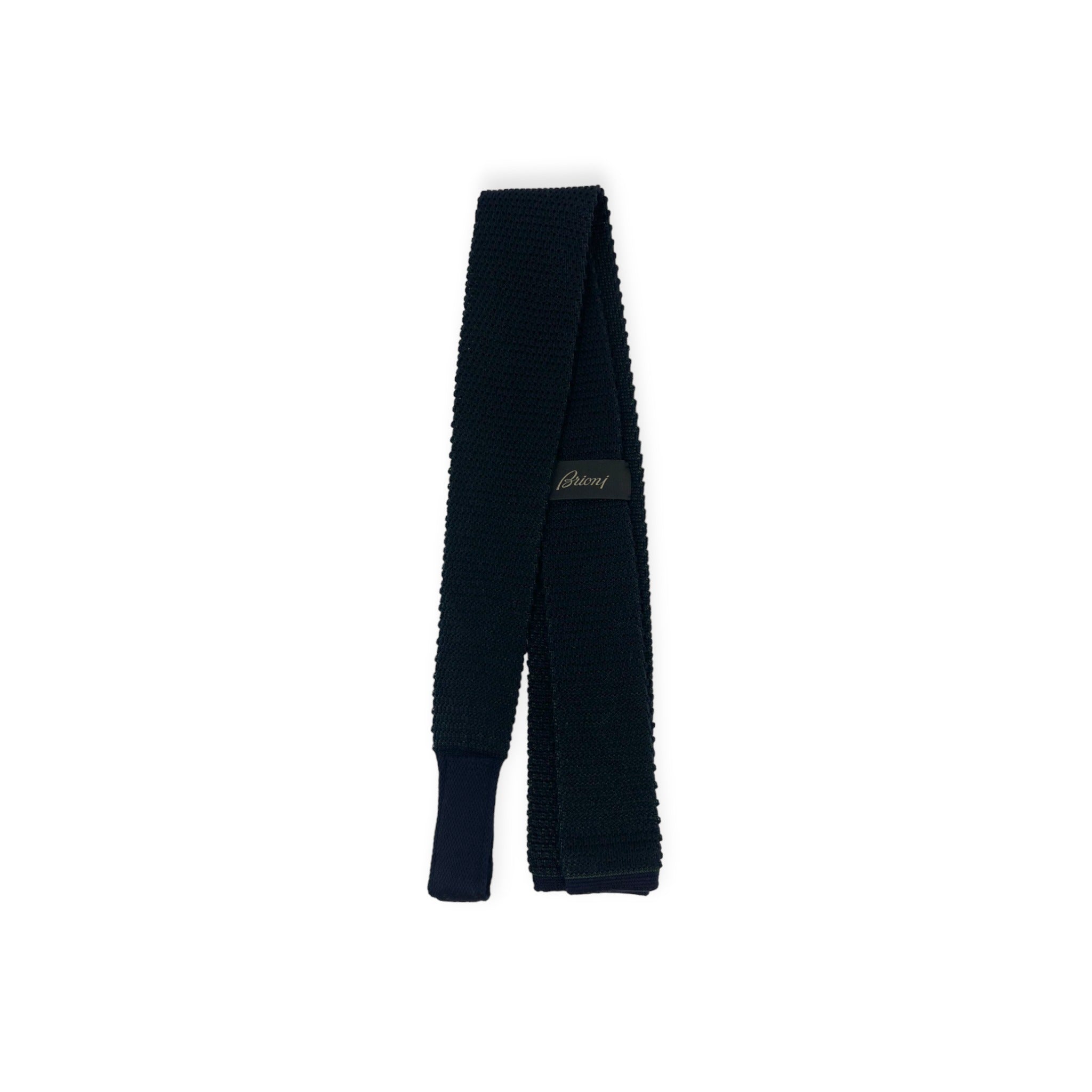 Top down view of the front of black Brioni knit tricot tie
