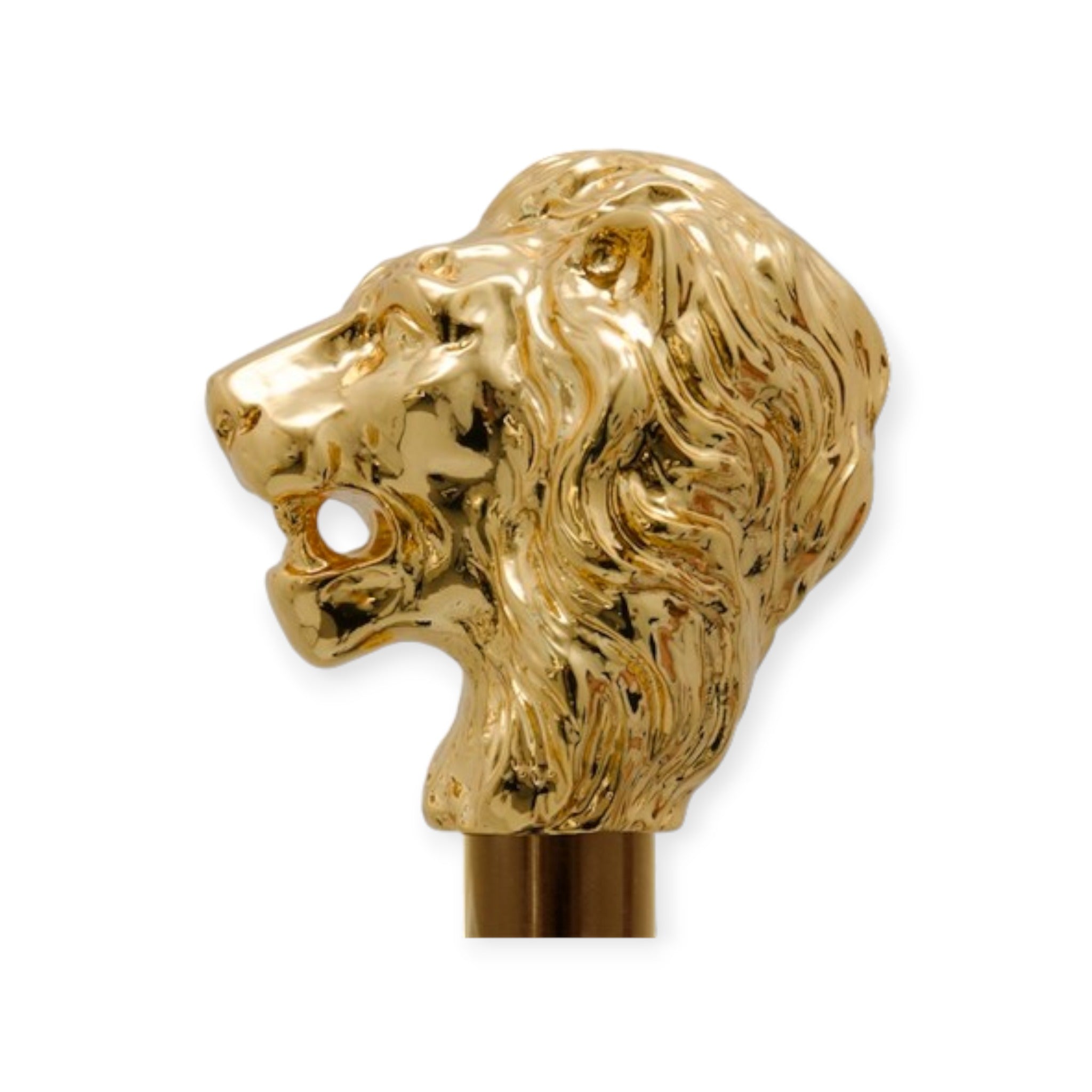 Profile view of golden lion on the handle of Pasotti Lion umbrella